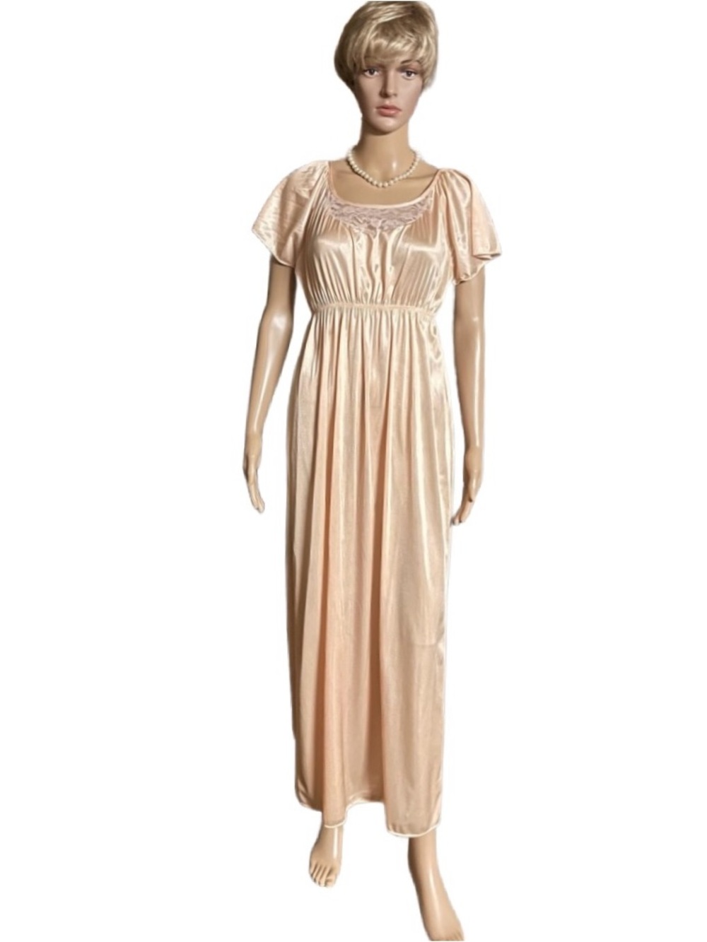 Stone ~ Medium ~ Vintage ~ USA ~ Orange ~ Floral Lace ~ Nylon ~ Satin Nightgown